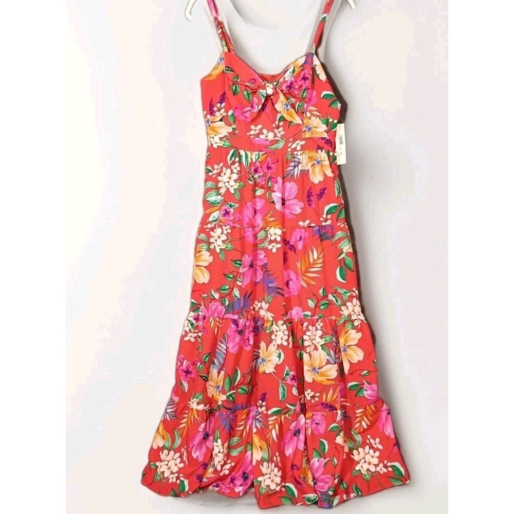 Eliza J Floral Tie Front Tiered Floral Maxi Dress Red Pink Tropical Print Size 8